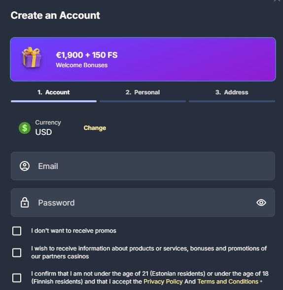 Register new Jackpoty account and claim welcome bonus